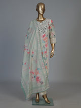 Off white linen floral printed kurti set with dupatta pants