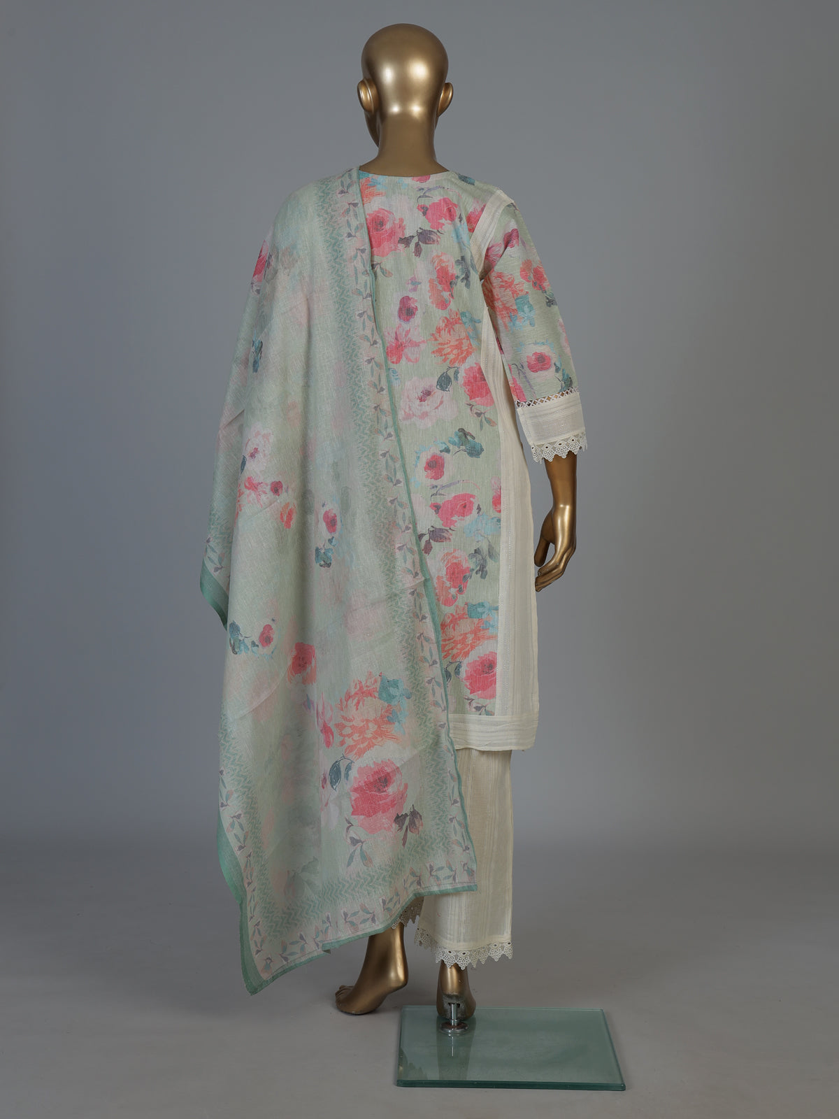 Off white linen floral printed kurti set with dupatta pants