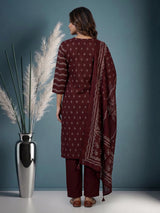 Wine silk kurti set with printed dupatta and stylish pants