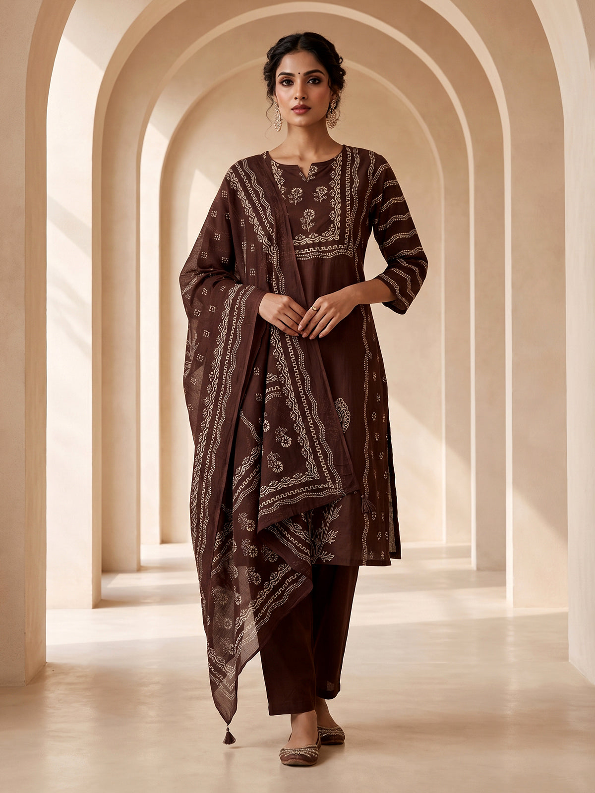 Coffee brown silk kurti set with printed dupatta and pants