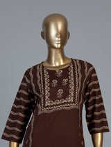 Coffee brown silk kurti set with printed dupatta and pants
