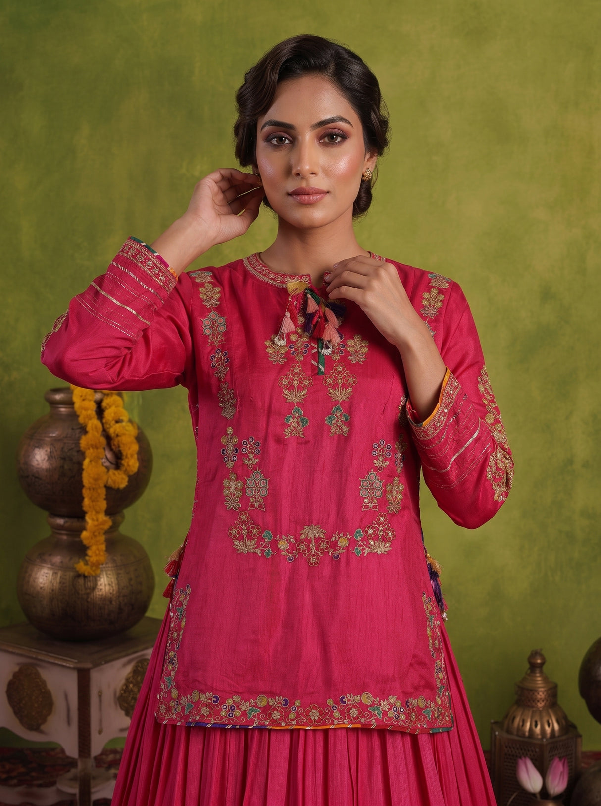 Rani pink raw silk lehenga choli with rajsthani dupatta design