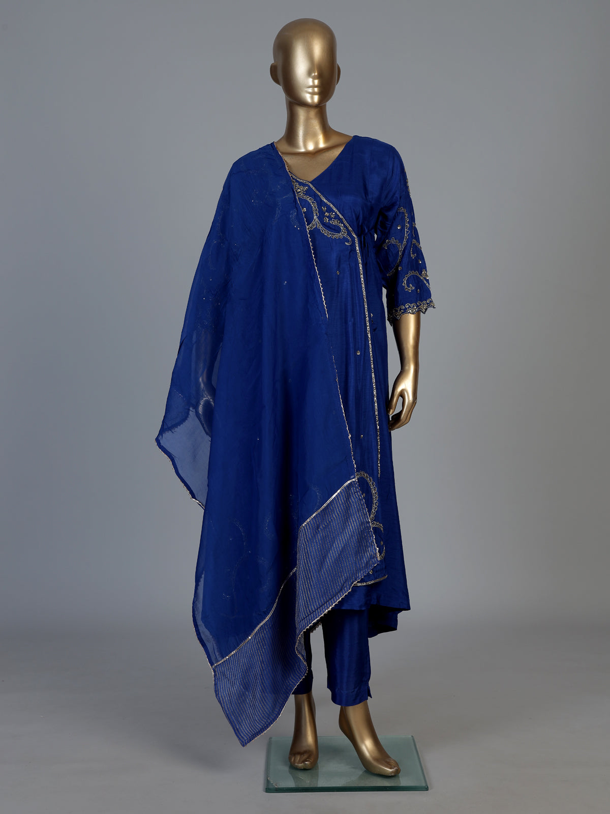 Royal blue silk anarkali salwar suit with gota zardosi embroidery dupatta