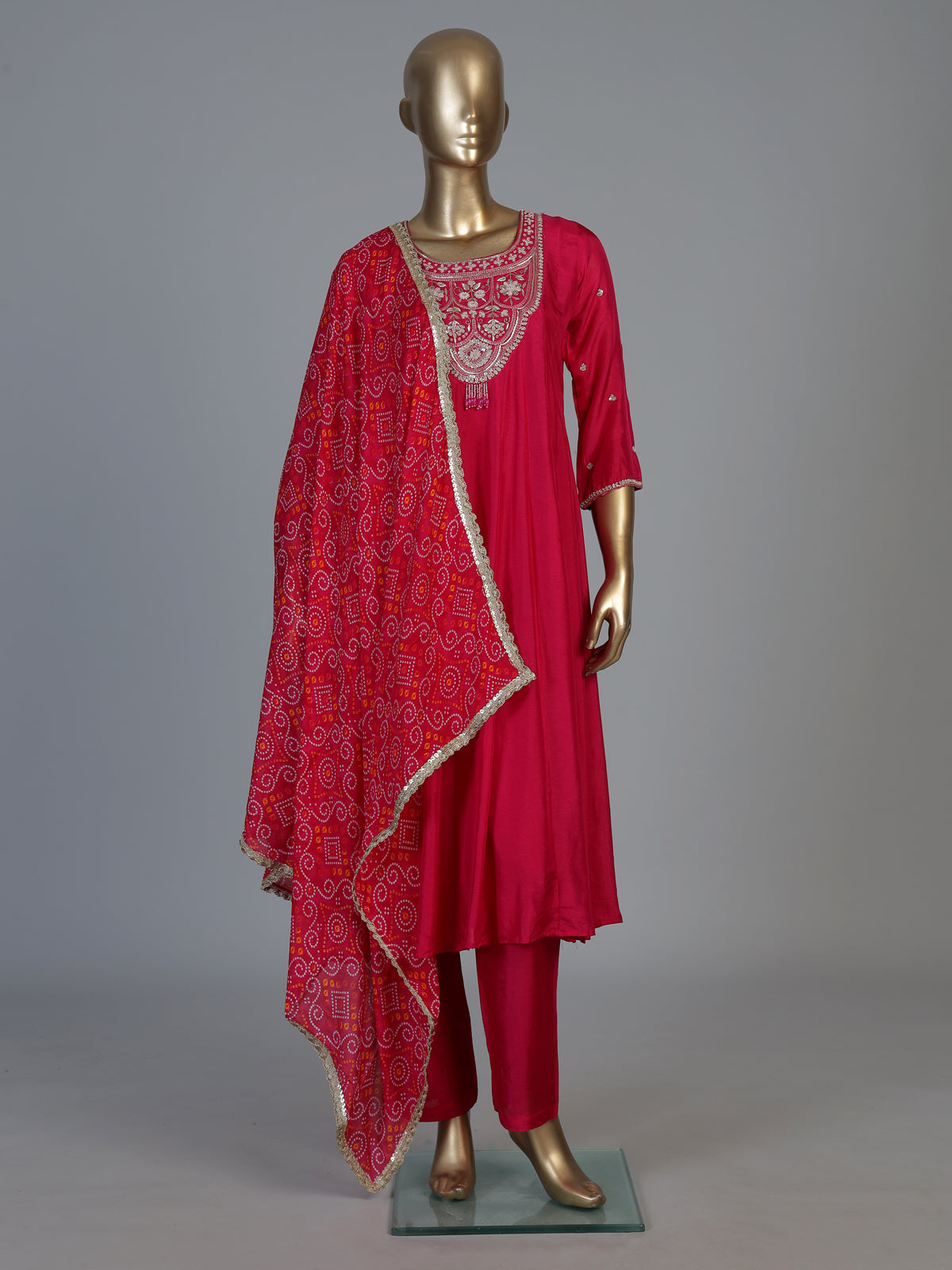 Deep rani pink silk yoke style salwar suit with printed dupatta