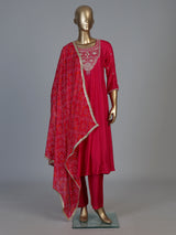 Deep rani pink silk yoke style salwar suit with printed dupatta