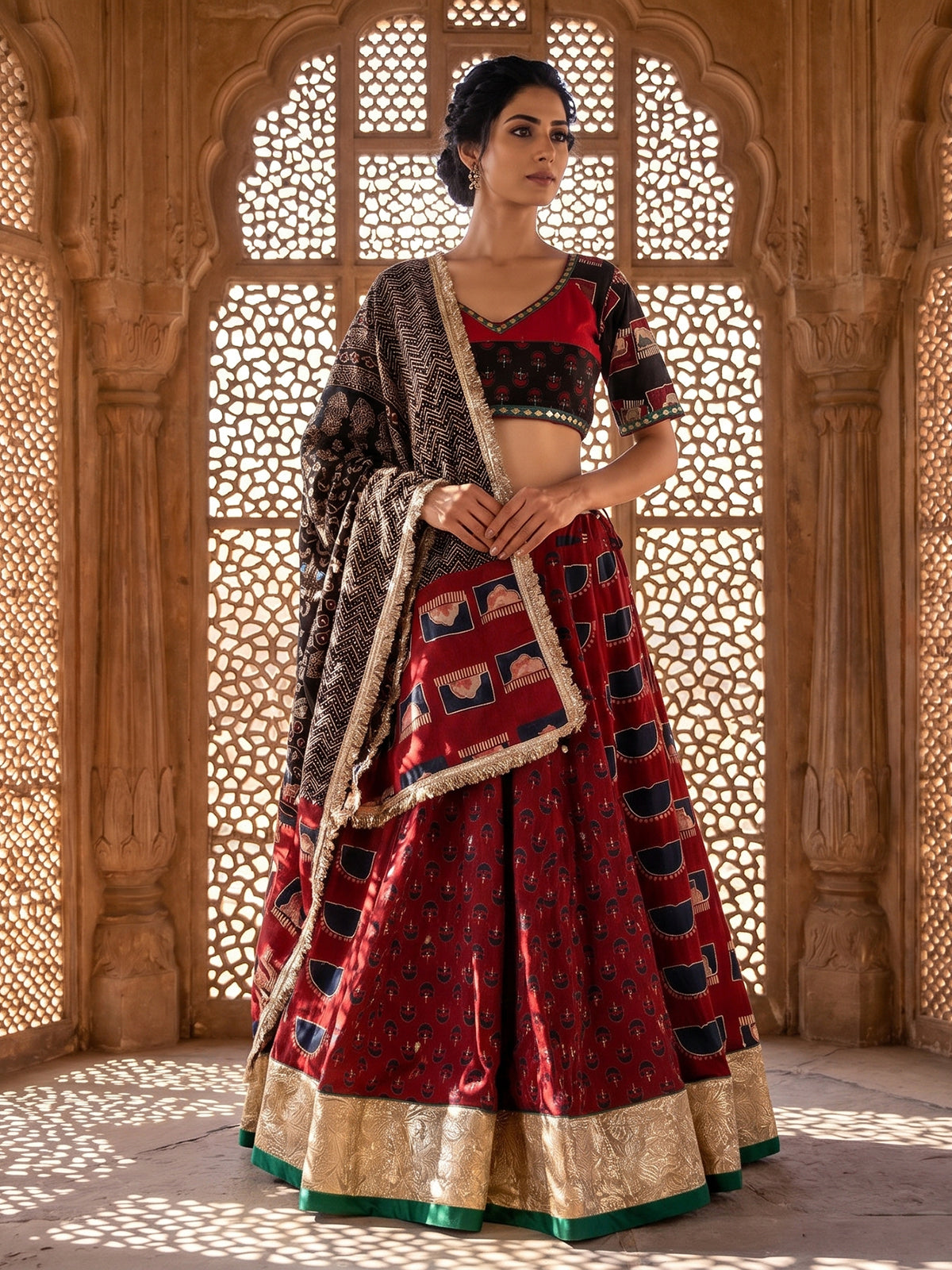 Maroon printed cultural lehenga choli for garba nights