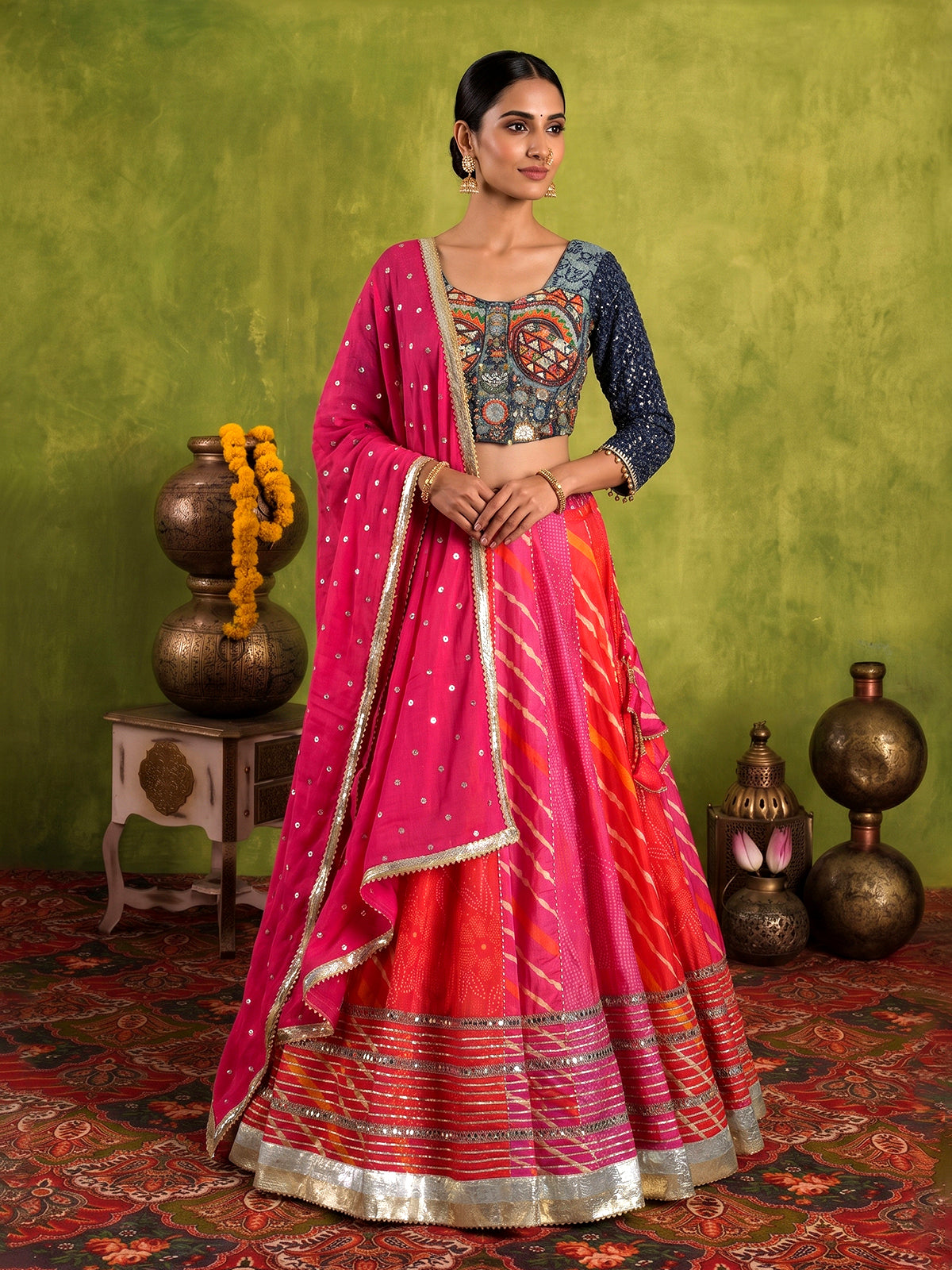Pink silk bandhani navratri wear lehenga choli