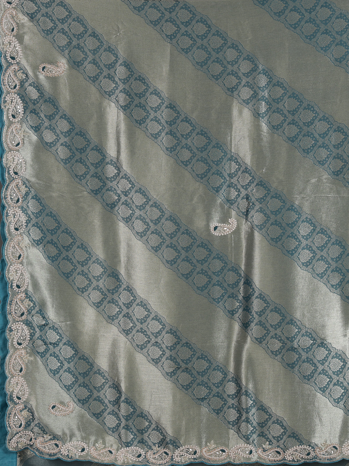 Teal blue tissue silk designer saree with elegant festive work