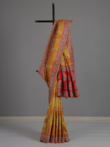 Mustard yellow printed dola silk saree for haldi celebrations