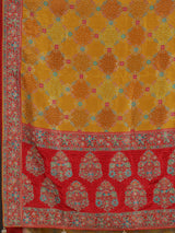 Mustard yellow printed dola silk saree for haldi celebrations