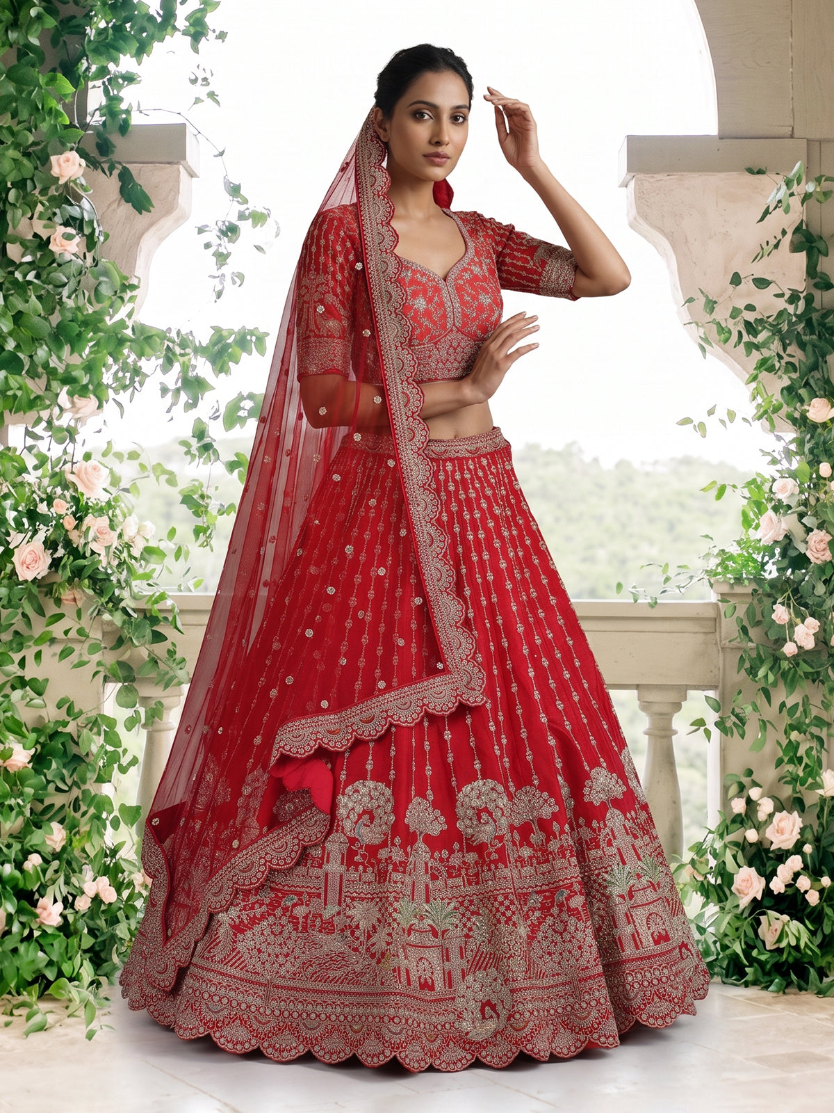 Red raw silk unstitched bridal lehenga choli with peacock motif