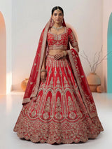 Red raw silk unstitched bridal lehenga choli with double dupatta