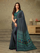 Navy crepe silk contemporary printed saree for everyday ethnic fashion