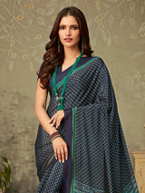 Navy crepe silk contemporary printed saree for everyday ethnic fashion