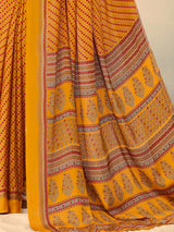 Mustard yellow crepe silk artistic printed saree for casual wear