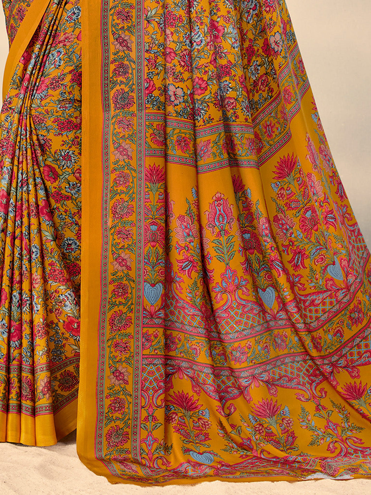 Mustard yellow floral crepe silk elegant saree for everyday wear