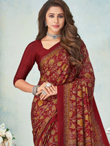 Maroon crepe silk designer printed saree for effortless daily elegance