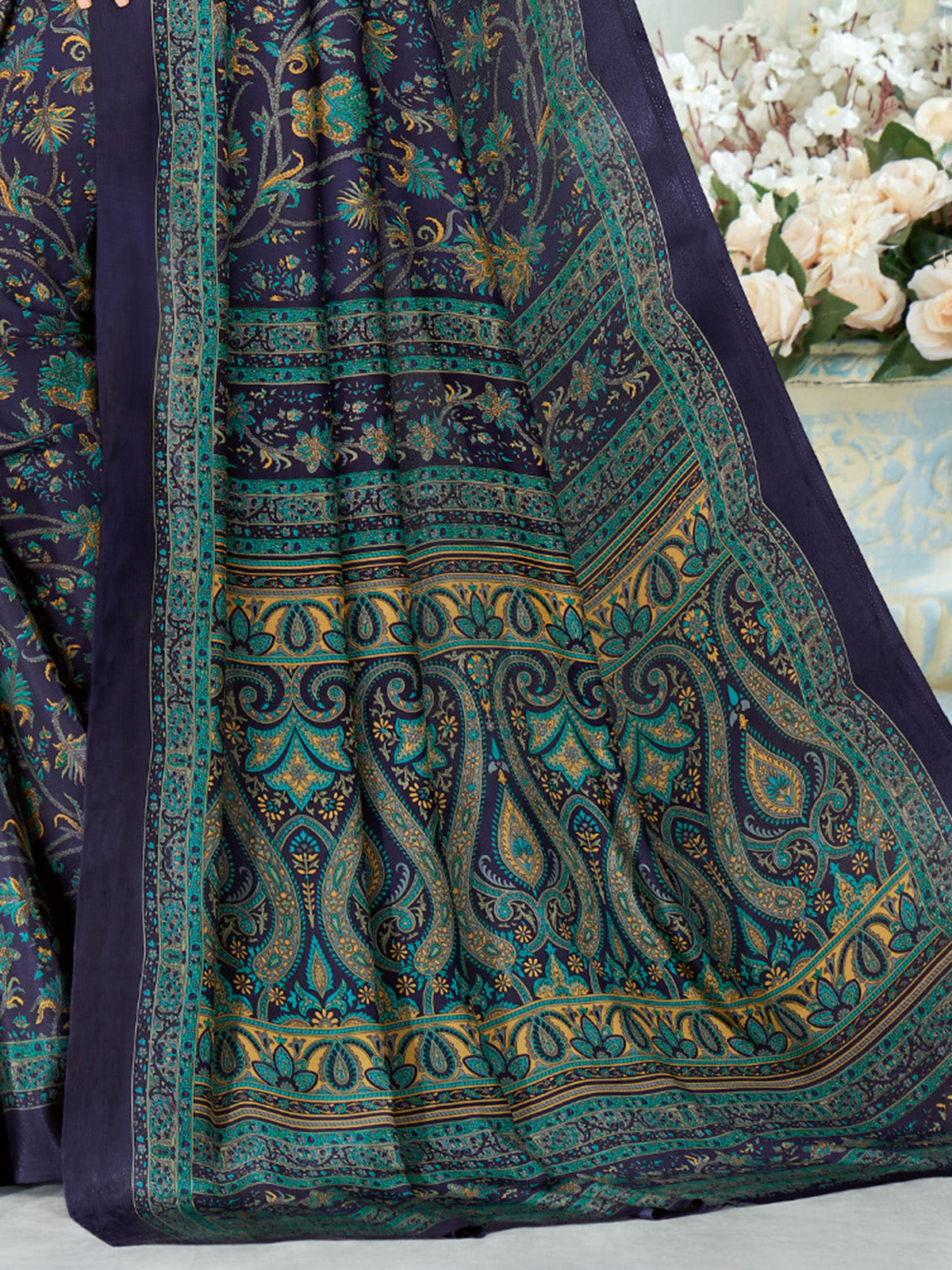 Navy crepe silk sophisticated printed saree for modern casual styling