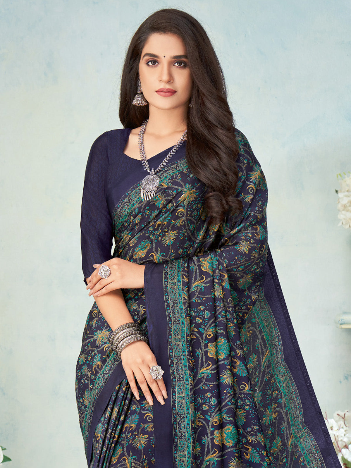 Navy crepe silk sophisticated printed saree for modern casual styling