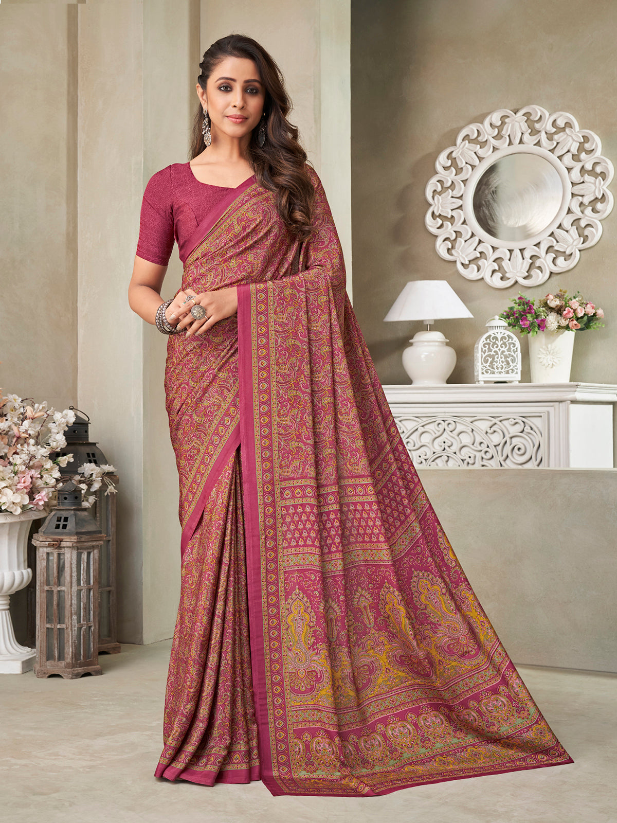 Wine floral printed crepe silk casual saree