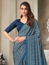Blue floral printed crepe silk casual saree