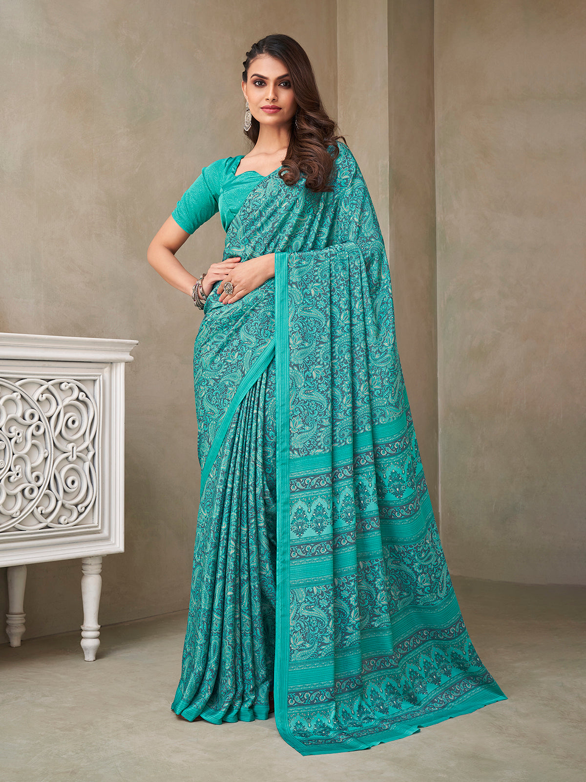 Mint green floral printed crepe silk casual saree