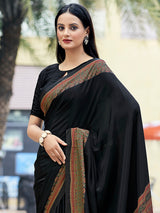 Black printed crepe silk casual saree with contrast border and pallu