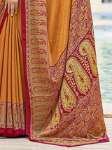 Mustard yellow printed crepe silk casual saree with contrast border and pallu