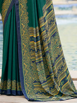 Green printed crepe silk casual saree with unstitched blouse