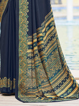 Navy printed crepe silk casual saree with contrast border and pallu
