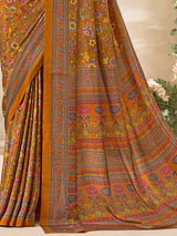 Rust yellow floral printed crepe silk fashionable casual wear saree for women