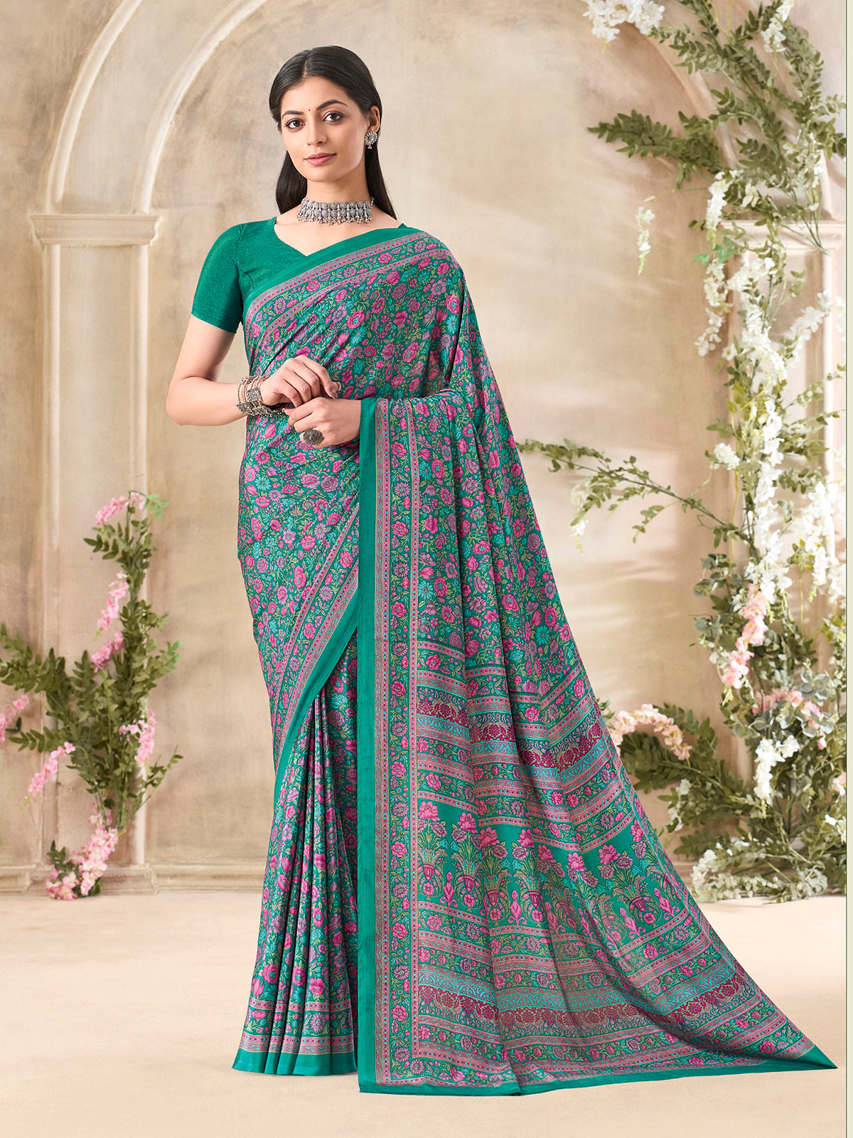 Green floral printed crepe silk stylish casual saree for everyday elegance