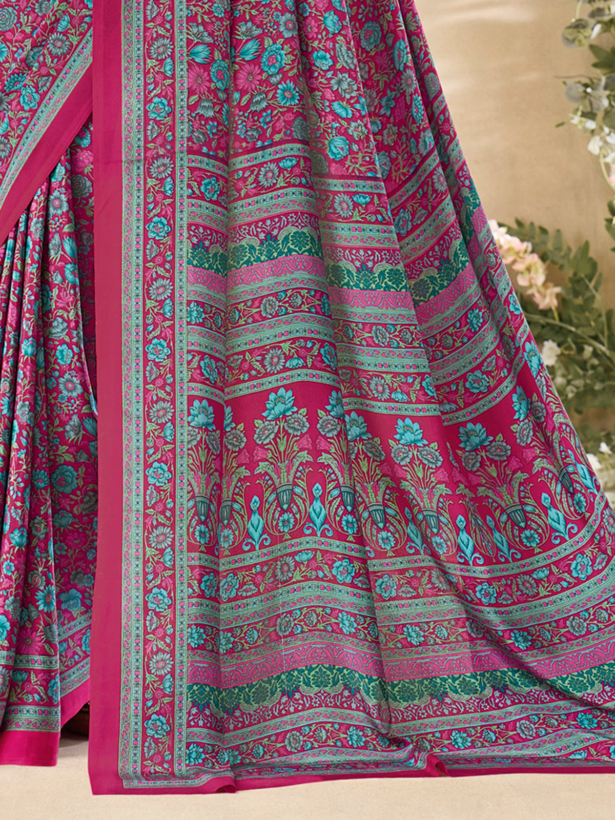 Wine floral printed crepe silk elegant casual wear saree for women