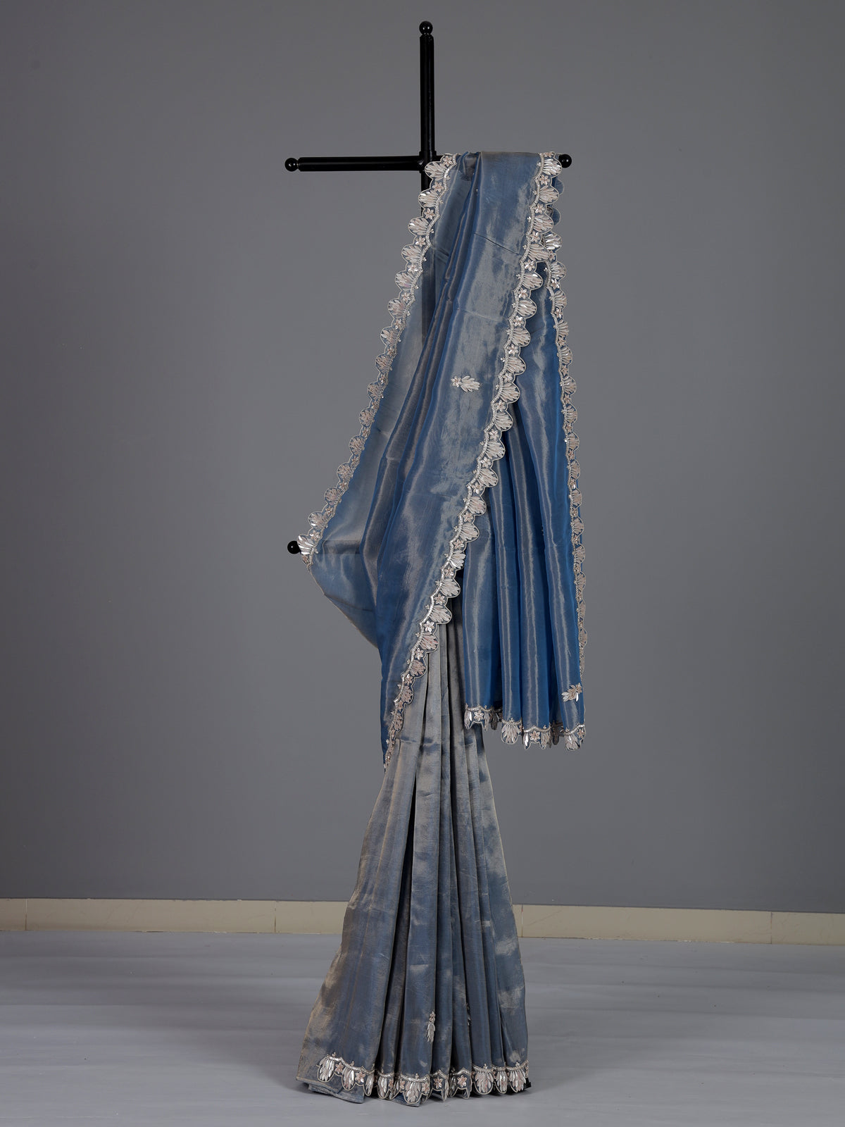 Elegant stone blue tissue silk saree for reception and party