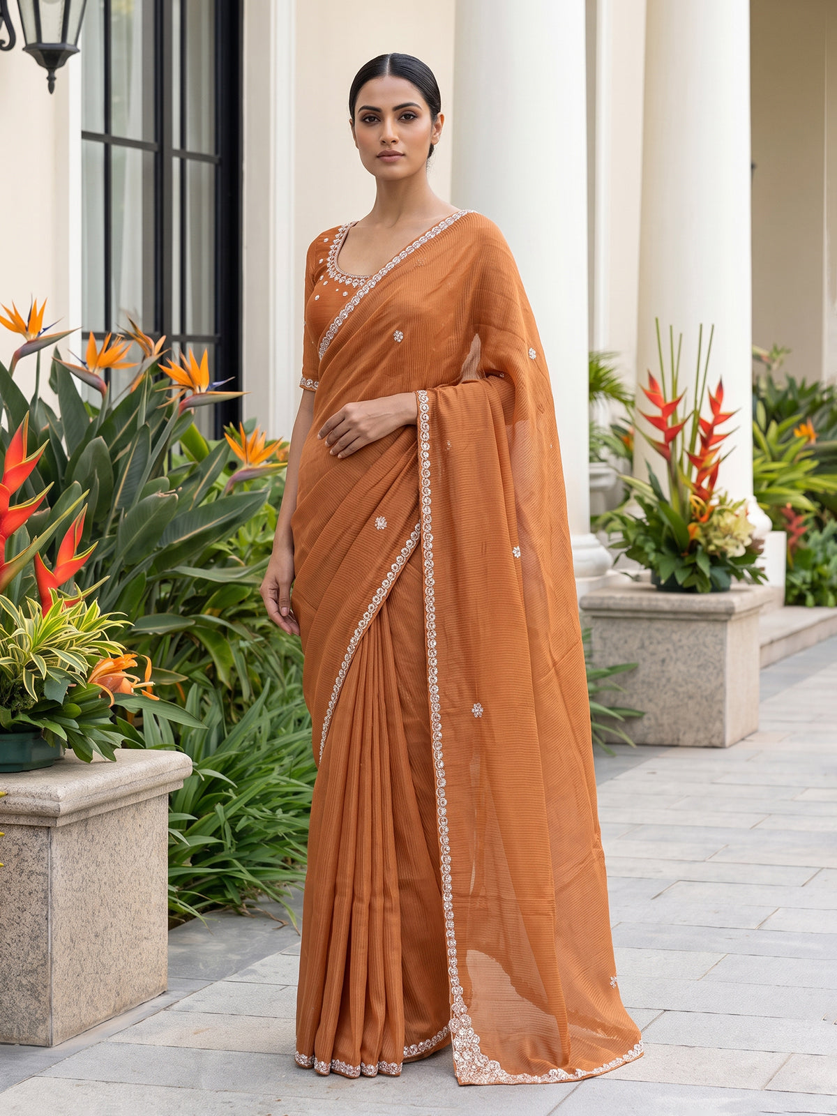 Rust orange shimmer dola silk saree for festive celebrations