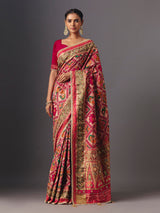 Rani pink art patola silk saree with elegant animal and bird motifs