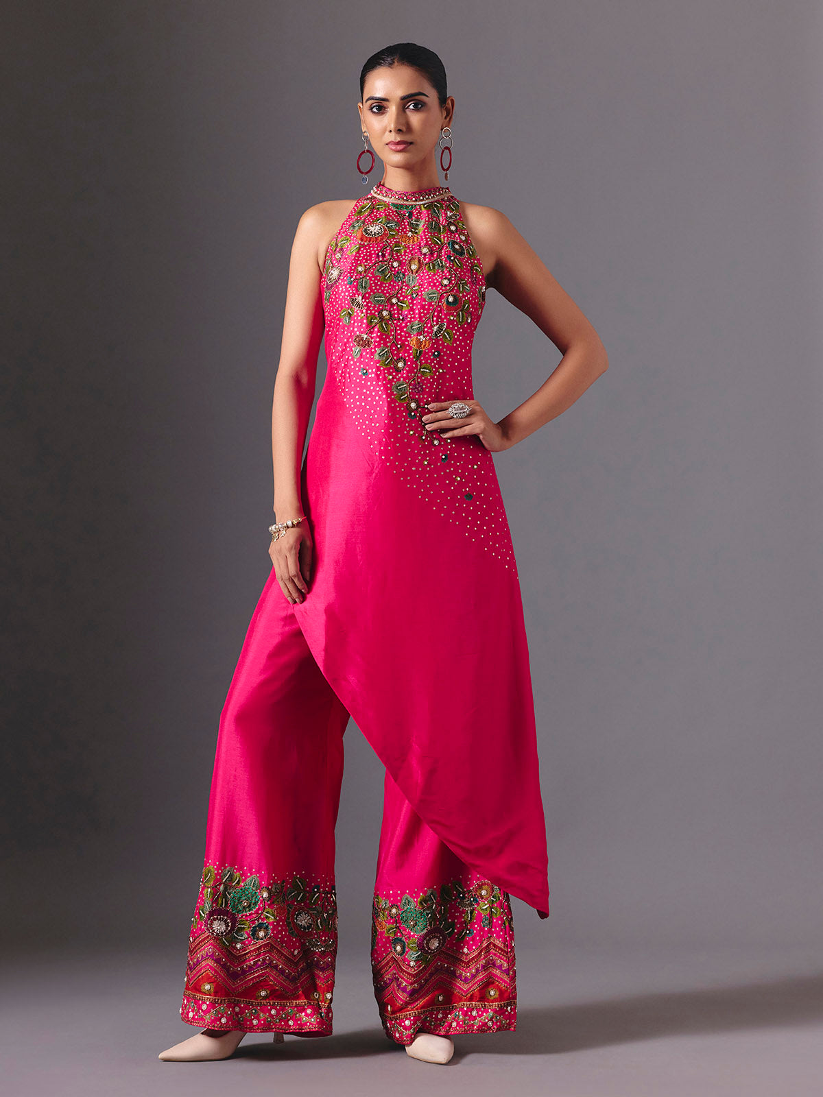 Rani pink silk designer floral palazzo suit with elegant embellishments