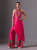 Rani pink silk designer floral palazzo suit with elegant embellishments