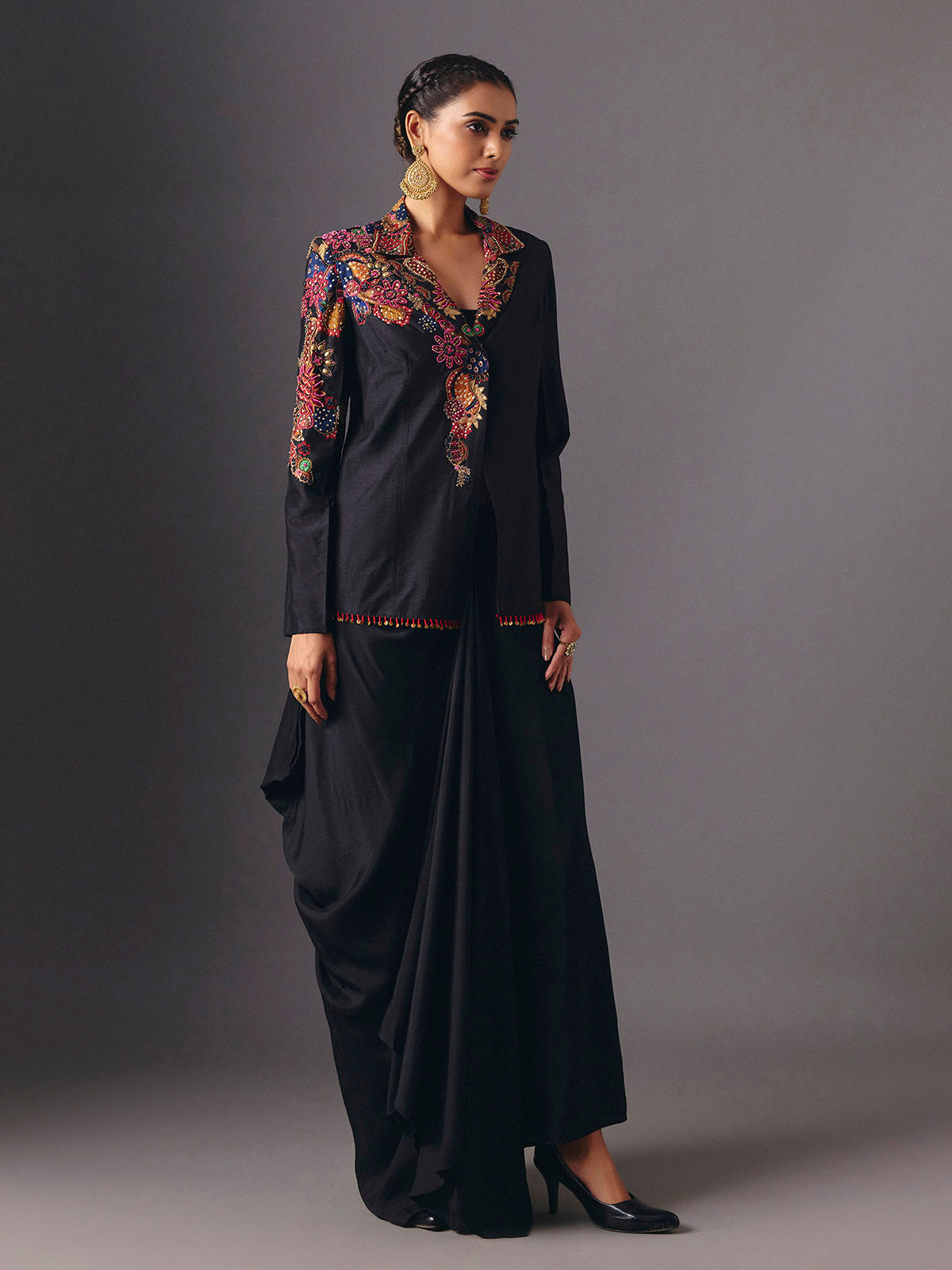 Black silk designer three piece indowestern suit with floral motifs