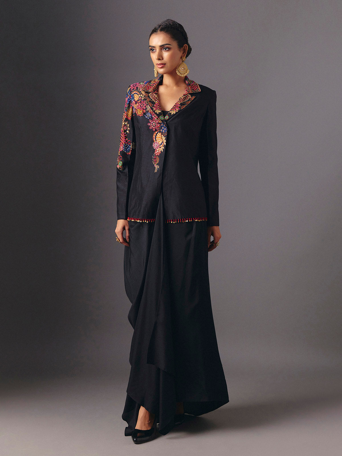 Black silk designer three piece indowestern suit with floral motifs