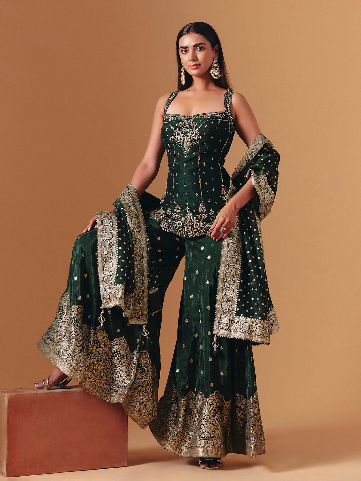 Green raw silk embroidered palazzo suit with elegant festive dupatta