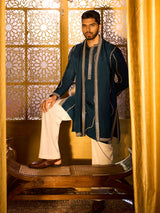 Teal blue embroidered rose silk designer kurta pajama