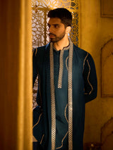 Teal blue embroidered rose silk designer kurta pajama