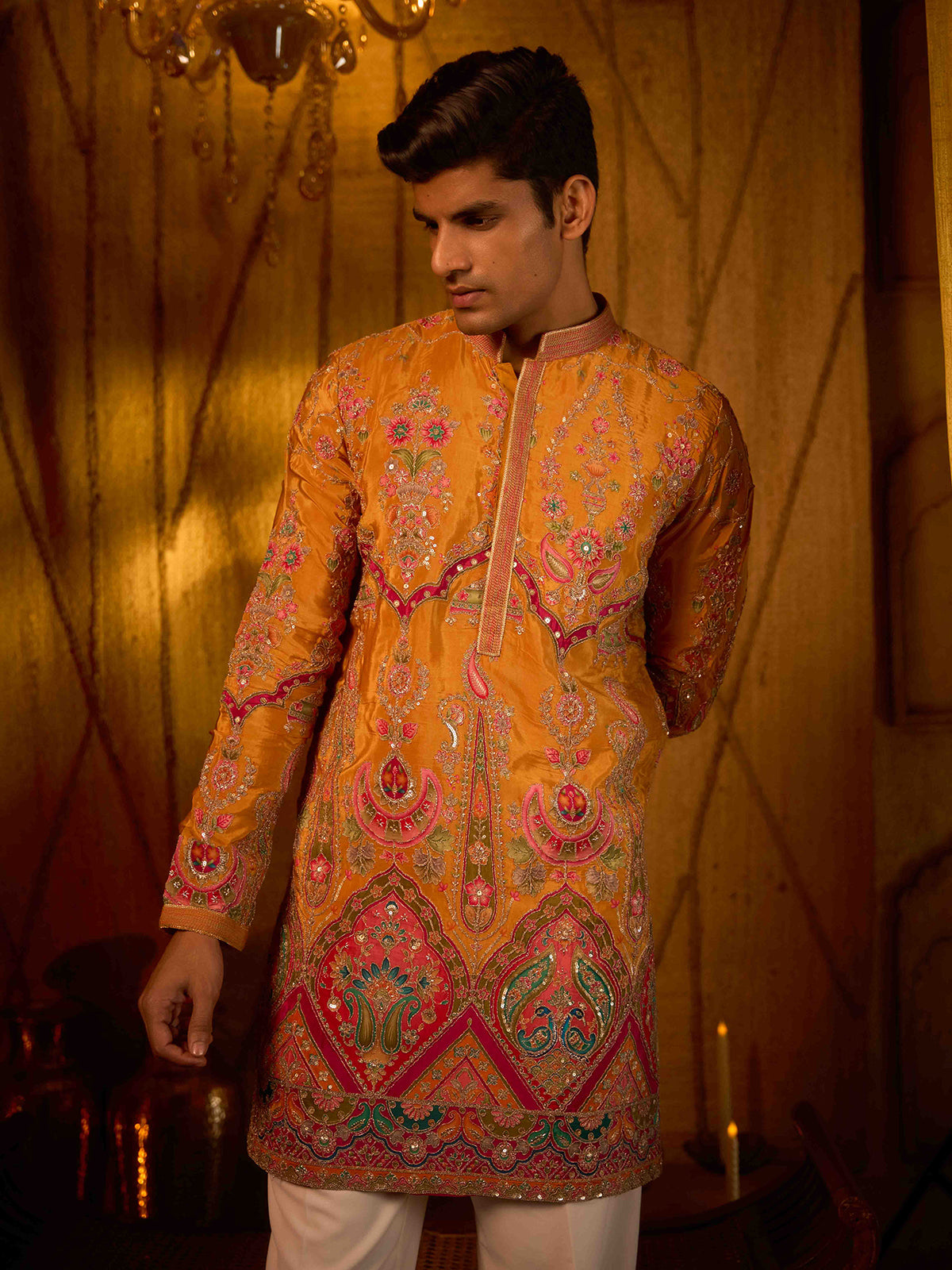 Yellow viscose festive celebration kurta for men