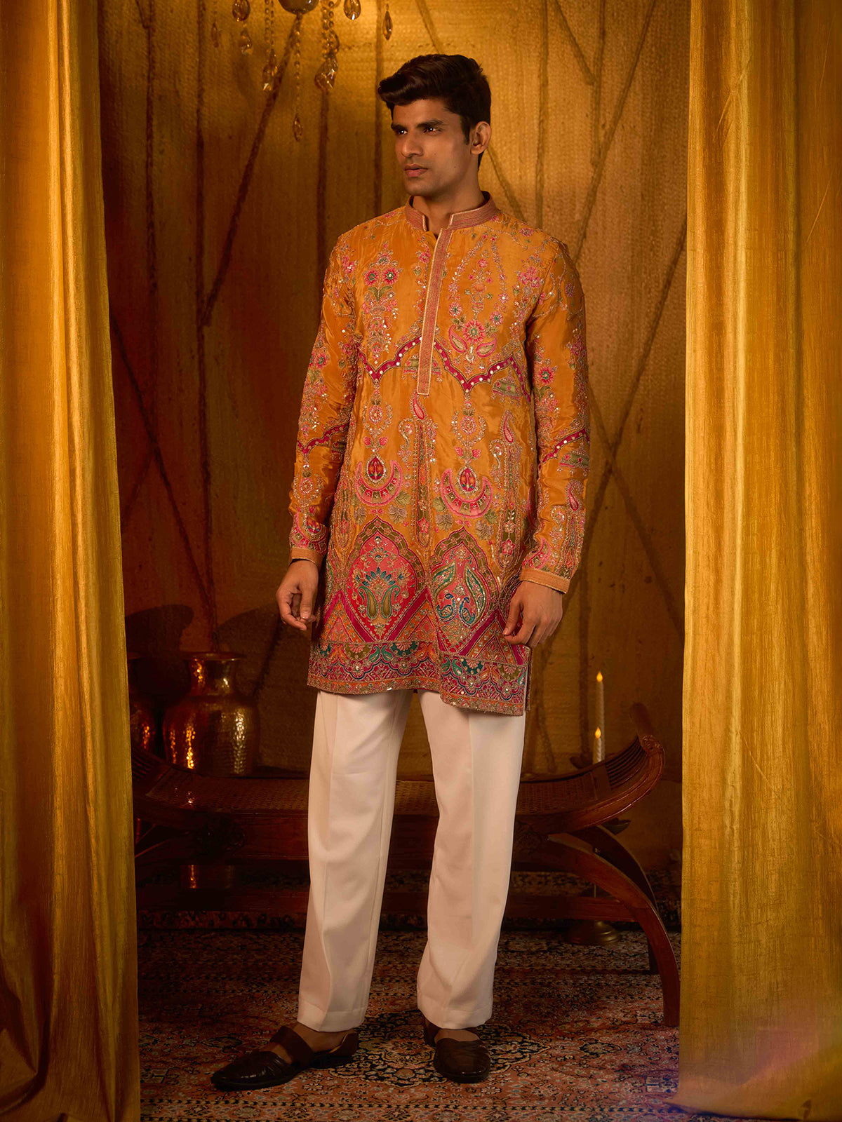 Yellow viscose festive celebration kurta for men