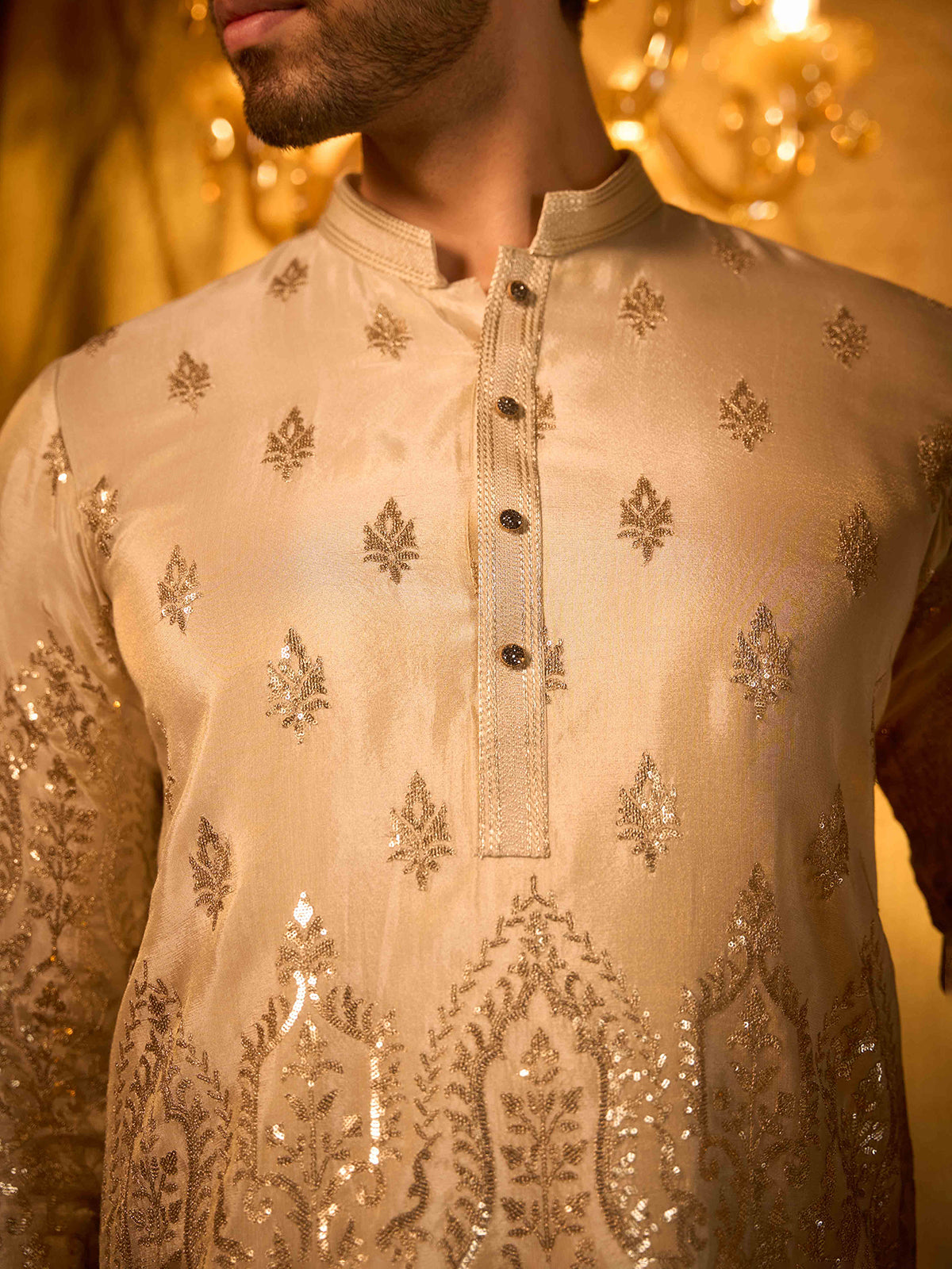 Beige tissue silk botanical designer kurta pajama