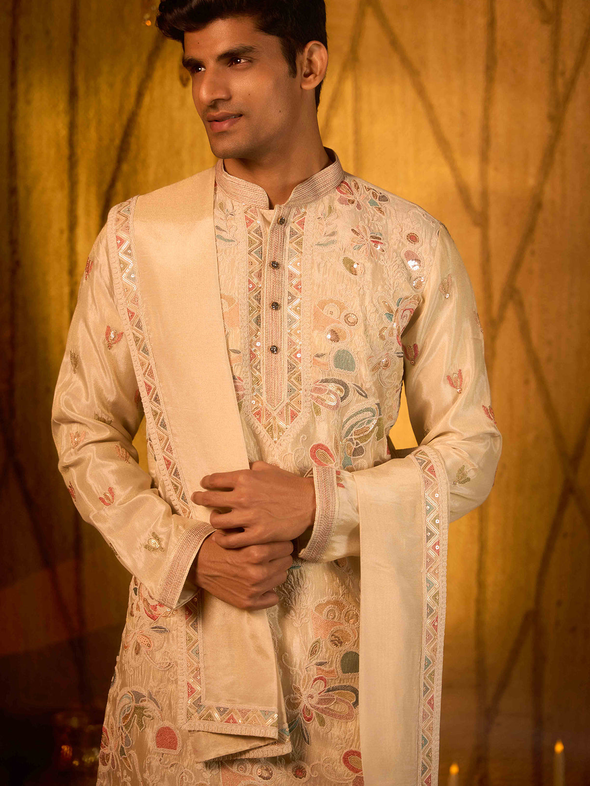 Cream multicolour embroidered tissue silk festive kurta