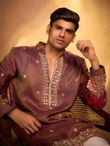 Shimmer wine tissue silk embroidered wedding kurta pajama