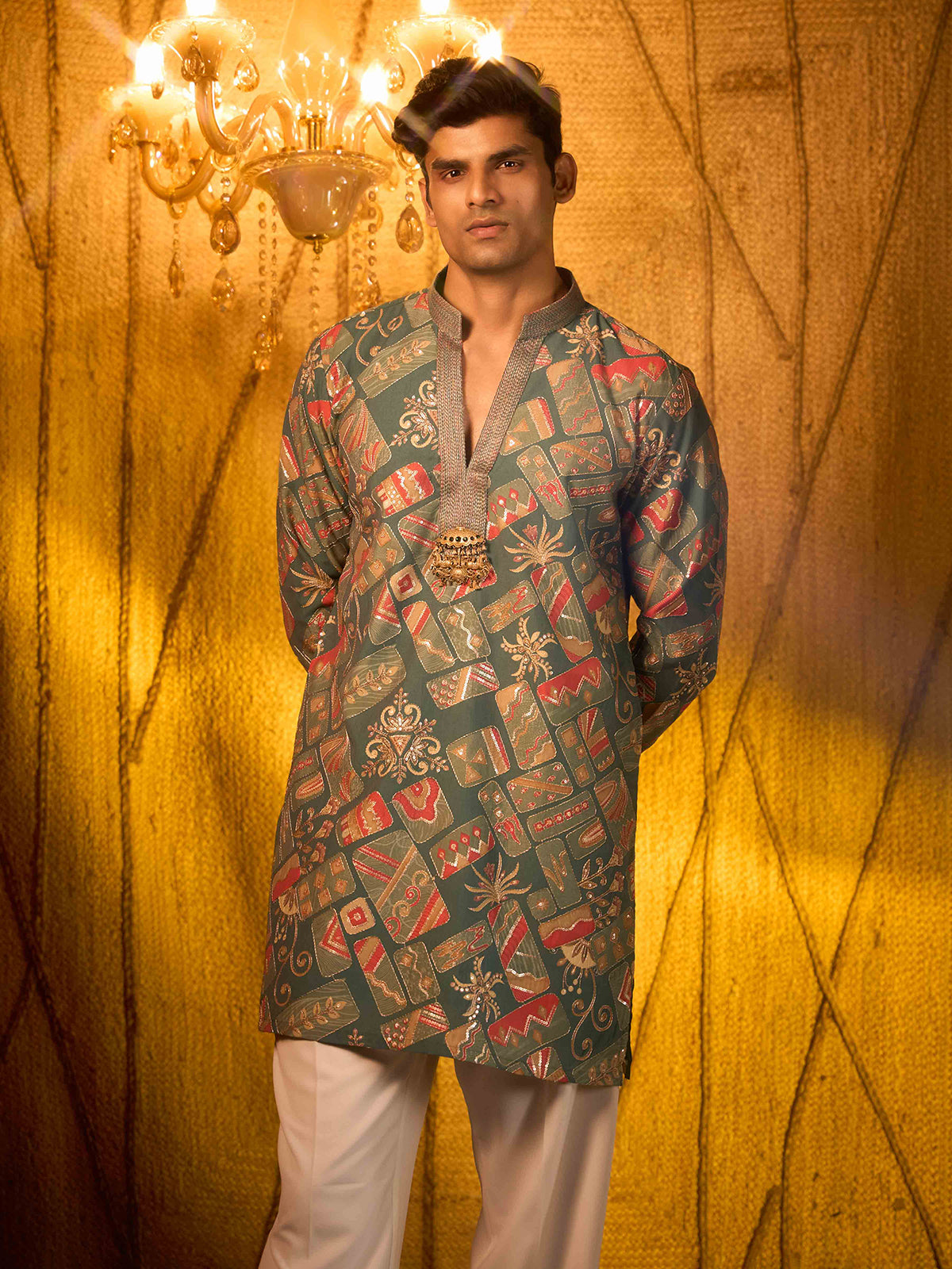 Sage green tissue silk brooch style kurta suit