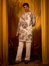 Cream printed tissue silk botanical designer kurta suit